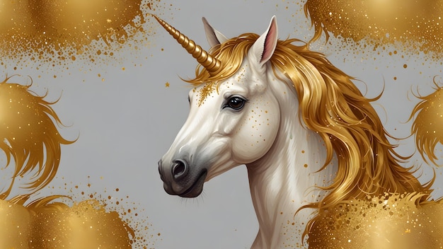 a white unicorn with gold glitter on its head