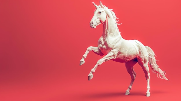 A white unicorn with a horn and flowing mane stands on a red background