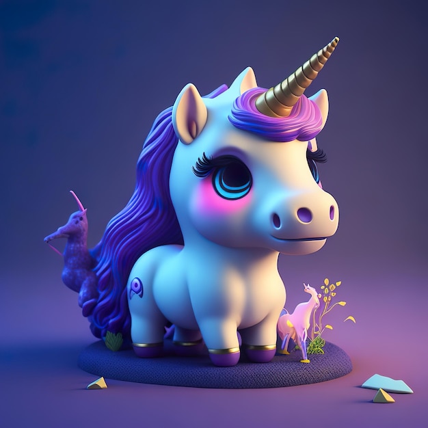 A white unicorn with purple hair and purple hair is standing on a purple background.