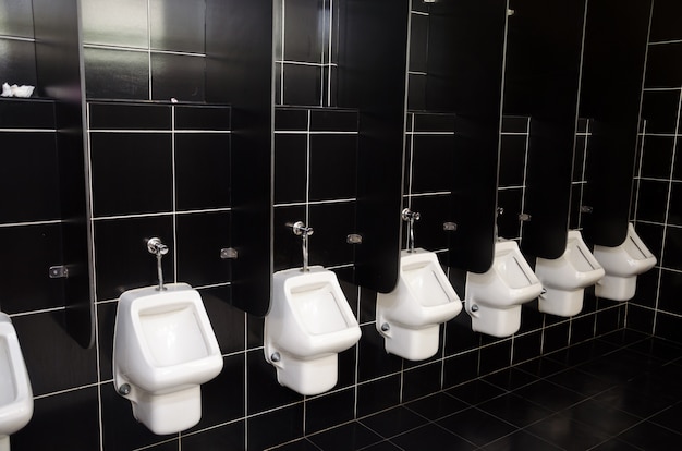 White urinals with black tiles