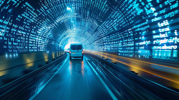 A white van drives through a tunnel with blue code displayed on the walls