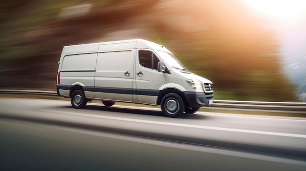 A white van driving down a road with the word van on the side.