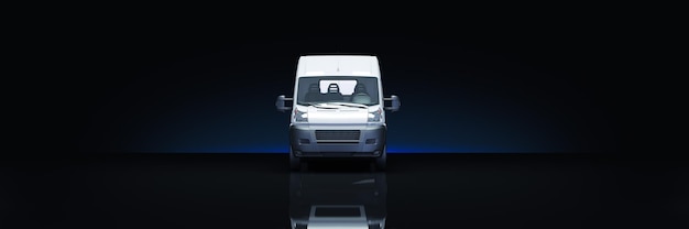 A white van is on a black surface in front of a black background.