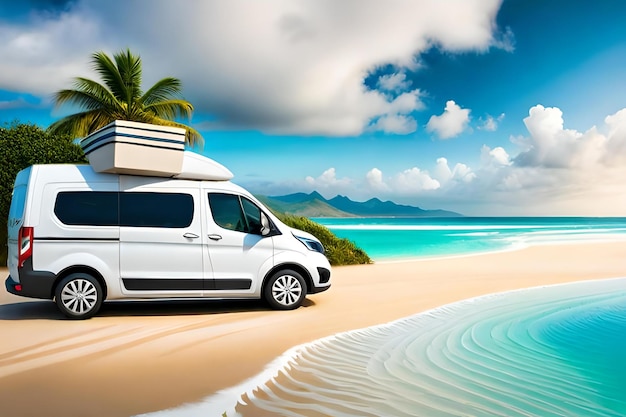 Photo a white van with a camper on the roof sits on a tropical beach.