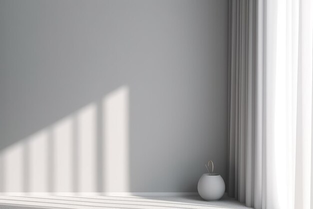 A white vase in a corner with a window behind it.