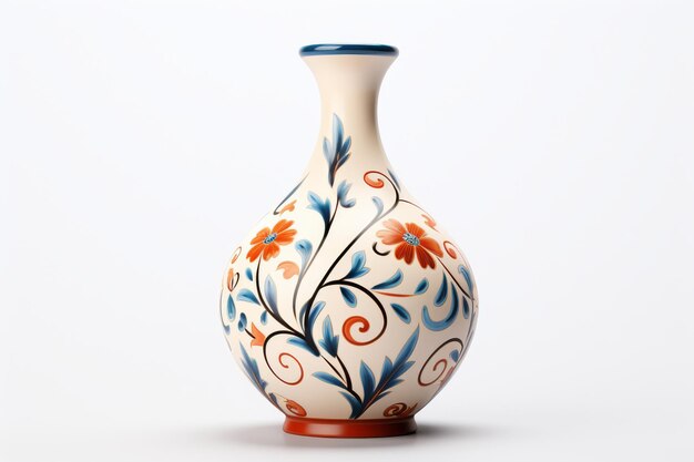 A white vase decorated with intricate blue and orange patterns adding a pop of color to any space