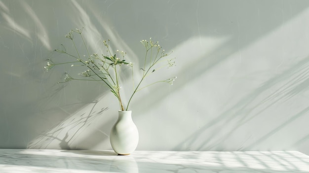 A white vase filled with Cosmos flowers sits on a marble table bathed in soft sunlight