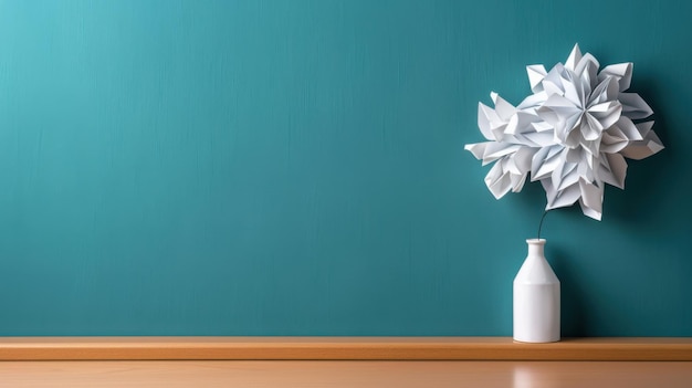 Photo a white vase holding papercrafted flowers against a teal background reflecting minimalistic design and creative home decor