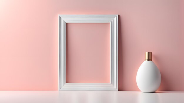 a white vase sitting next to a white picture frame