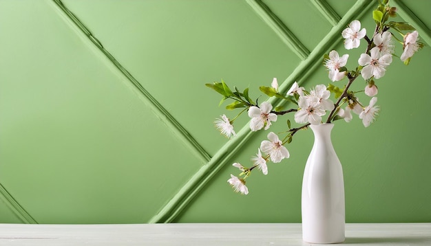 White Vase with Blooming Branches on Table near Green Wall