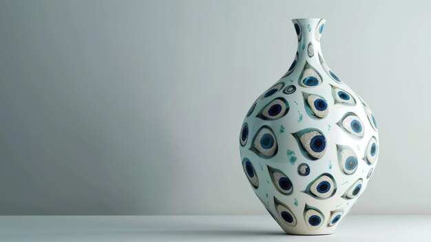 Photo white vase with blue peacock feather design on light background