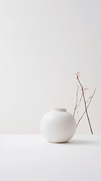 A white vase with a branch of a twig on it