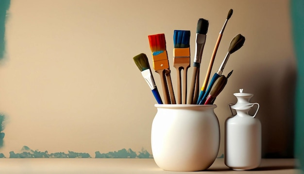 A white vase with brushes in it and a white container with the word artist on it.