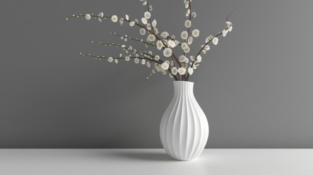 Photo white vase with delicate white flowers on a white surface and a gray background