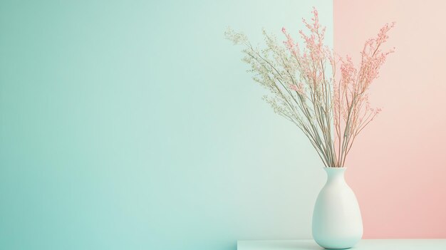 Photo a white vase with dried flowers on a white shelf against a teal and pink wall