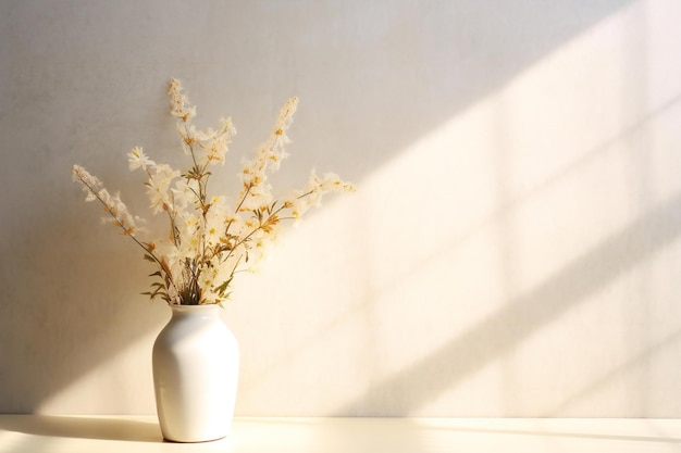 White vase with dry flowers on white table and white wall background