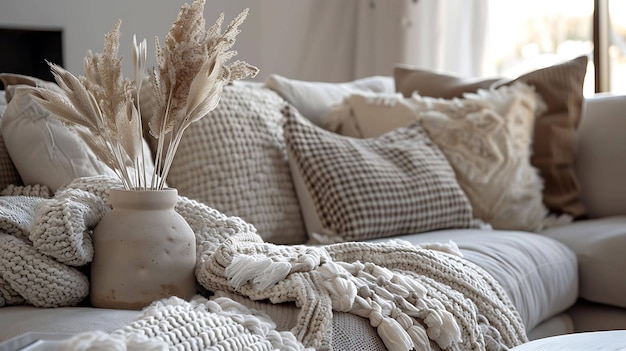 a white vase with feathers on it sits on a bed with a vase and a vase with feathers