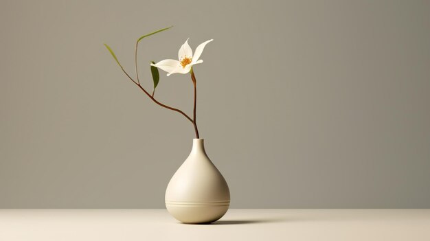 A white vase with a flower in it