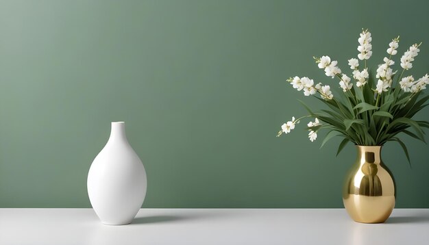 Photo a white vase with flowers in front of a green wall