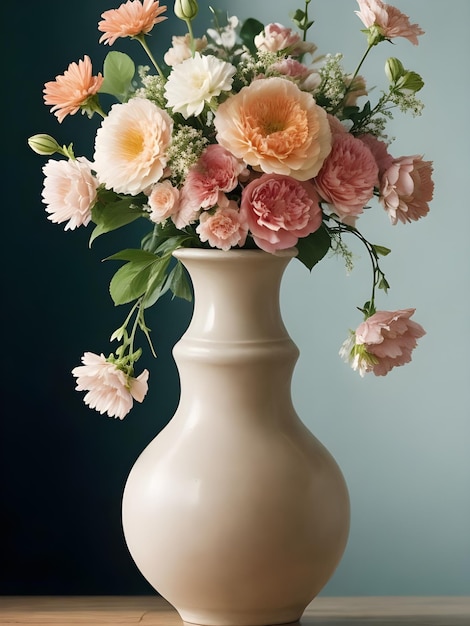 a white vase with flowers in it and a blue background