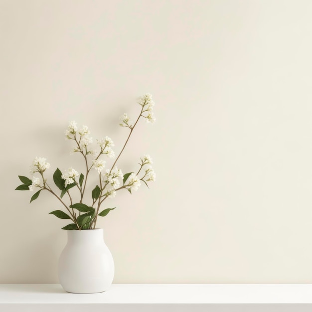 A white vase with flowers in it is on a white table