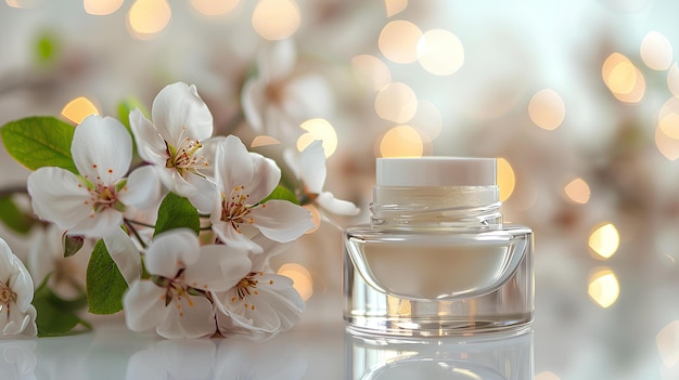 A white vase with flowers on a table with a blurry background of lights and boke of flowers a stock