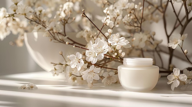 A white vase with flowers and a white bowl on a table with a white background and a white plate a