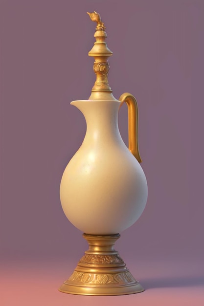 A white vase with a gold handle and a gold handle sits on a table.