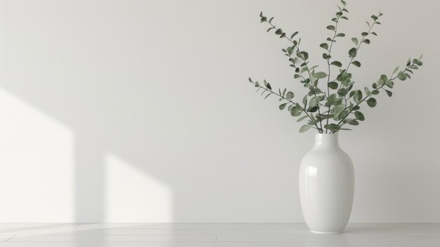 Photo a white vase with green branches stands on a wooden floor against a white wall