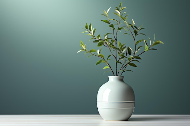 a white vase with green leaves in it