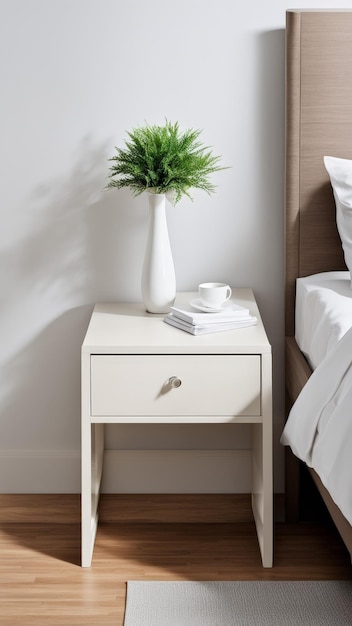 a white vase with green leaves on a white table