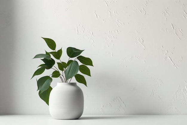 A white vase with a green plant in it and a white background.