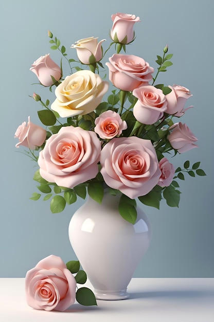 a white vase with pink and yellow roses in it