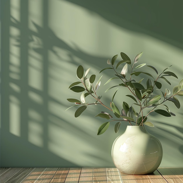 a white vase with a plant in it sits on a table