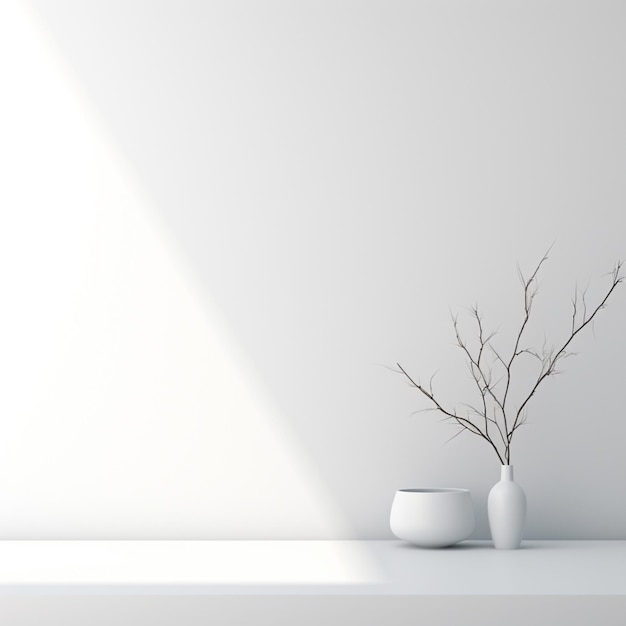 a white vase with a plant in it and a white vase on a shelf