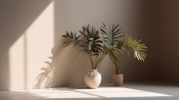 A white vase with a plant in it and a white vase with the word palm on it.