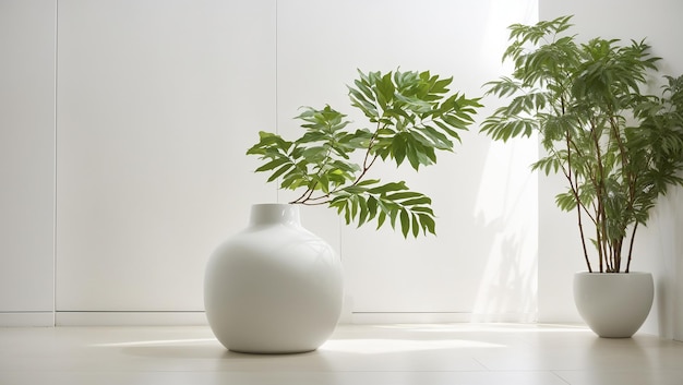 a white vase with a plant in it and a white wall behind it