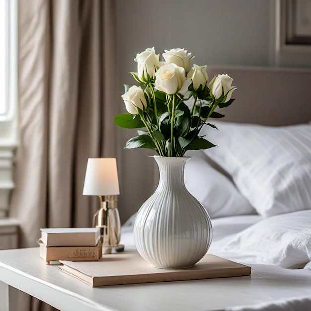 Photo a white vase with roses on a tray next to a lamp