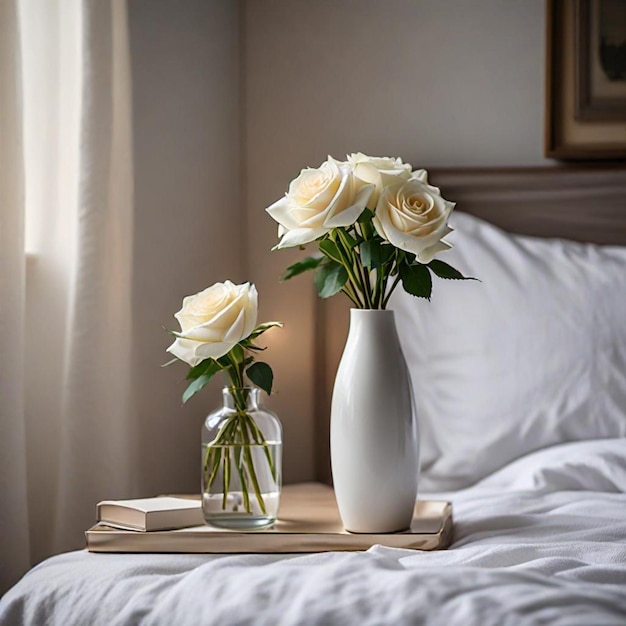 a white vase with roses on a tray next to a vase of roses