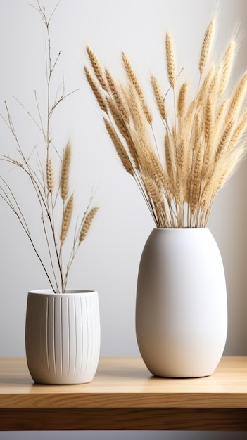 a white vase with wheat in it and a couple of other plants in it