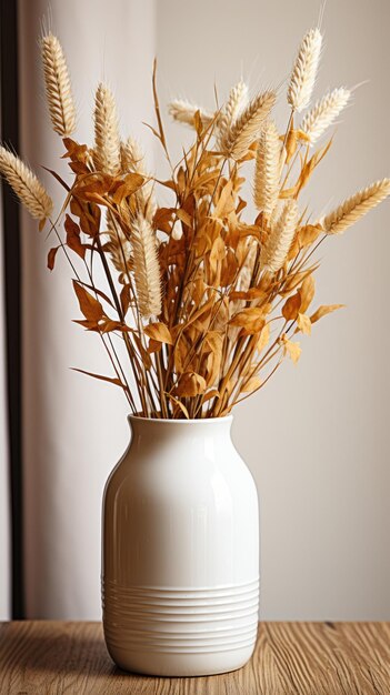 a white vase with wheat in it and a few other flowers in it