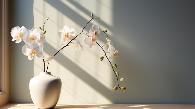 a white vase with white flowers in front of a window.