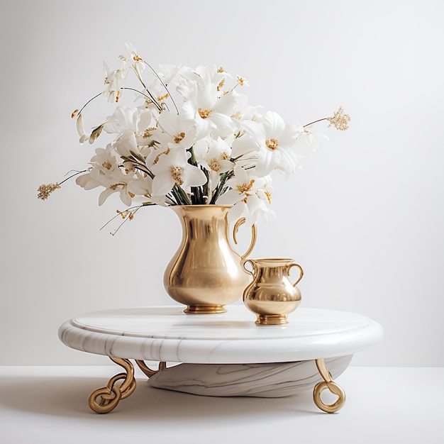 a white vase with white flowers in it