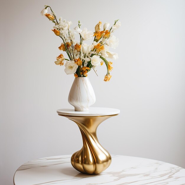 a white vase with white flowers in it