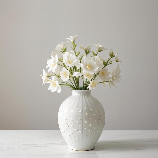 Photo a white vase with white flowers and a white background