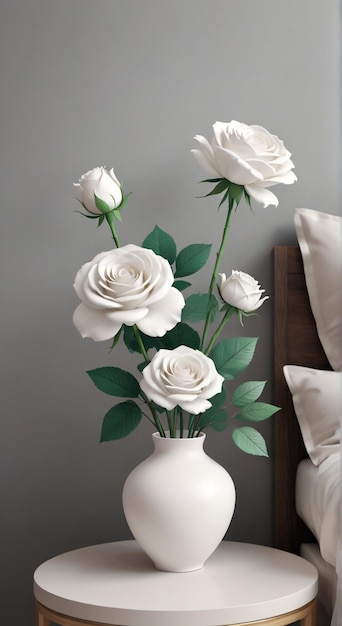 a white vase with white roses in it