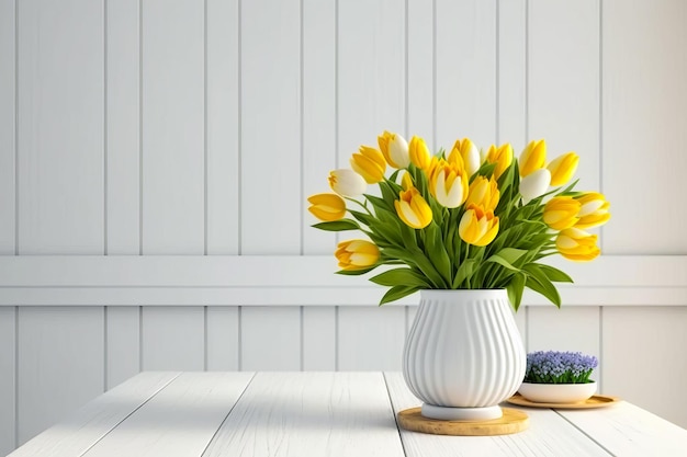 White vase with yellow tulips on wooden table Generative AI