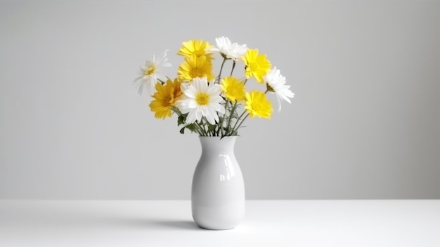 A white vase with yellow and white flowers in it.