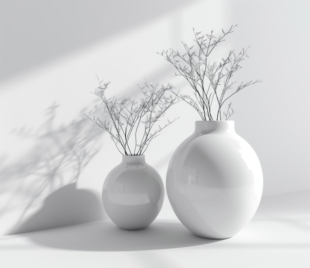 Photo white vases with dried flowers in modern interior