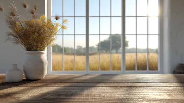 White Vases With Dried Flowers on Wooden Table by Window With View of Rural Landscape